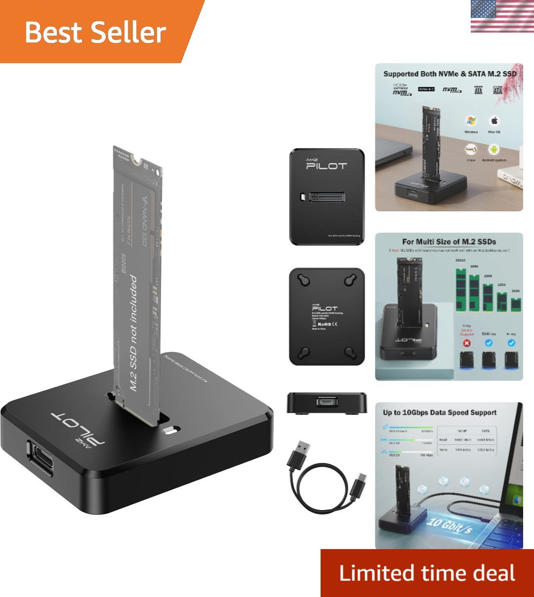 Tool-Free M.2 NVMe & SATA to USB C Dock, 10Gbps SSD Reader Adapter