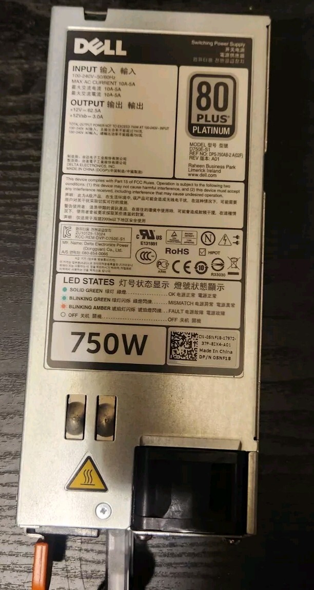 Dell 05NF18 80 Plus Platinum Switching Power Supply D750E-S1 750W