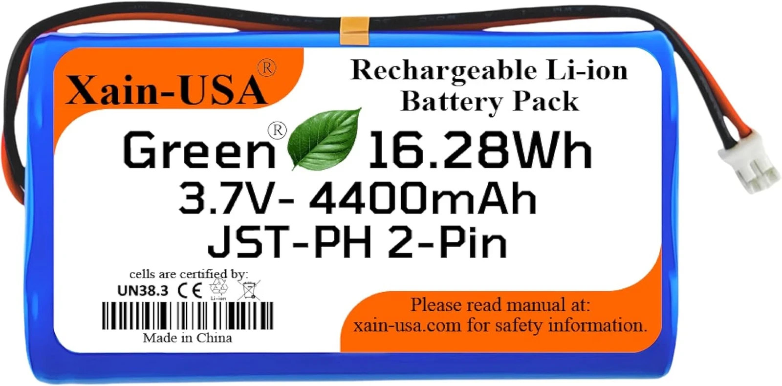 (1-Pack) 3.7V 4400Mah Li-Ion Rechargeable Battery Pack with JST-PH2.0 2-Pin Conn