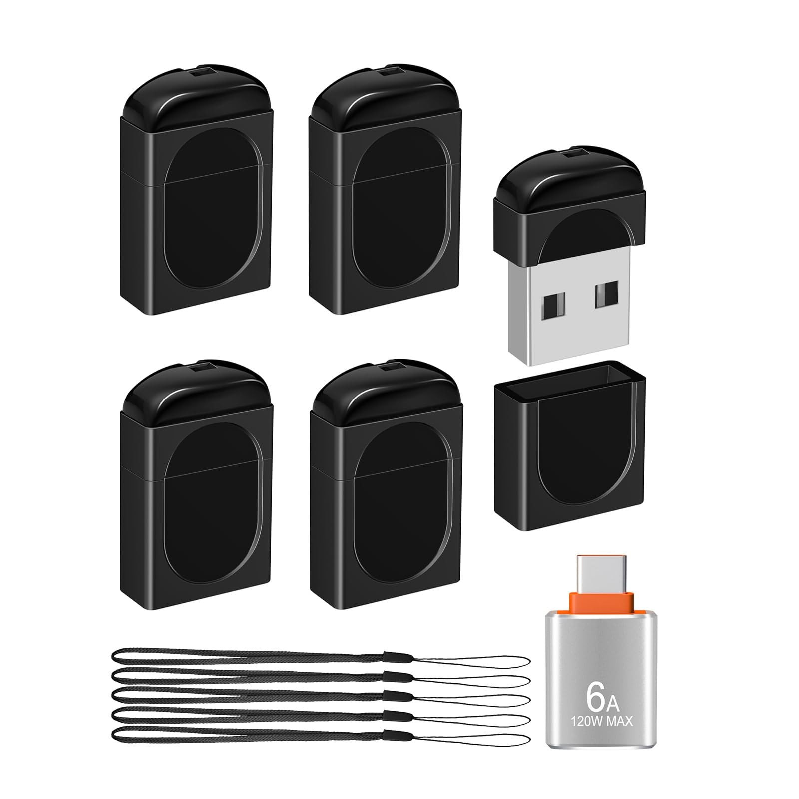 5-Packs 4GB FAT32 Small Flash Drive USB2.0 Drive with USB-C Adapter(Black)