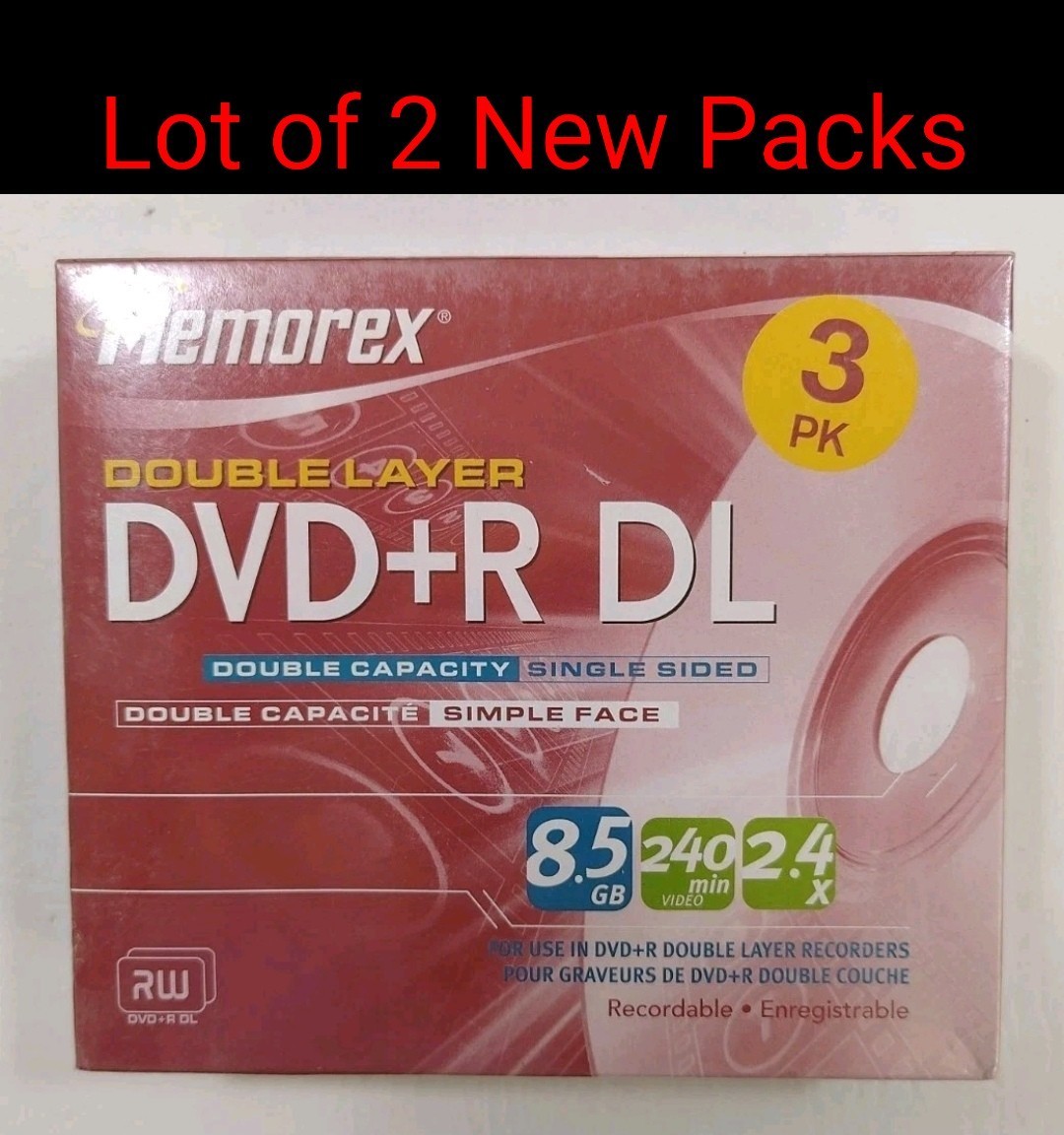 Lot Of 2 Memorex 2.4x 8.5 GB Double Layer DVD+R Pack New Sealed 3 Disc Pack