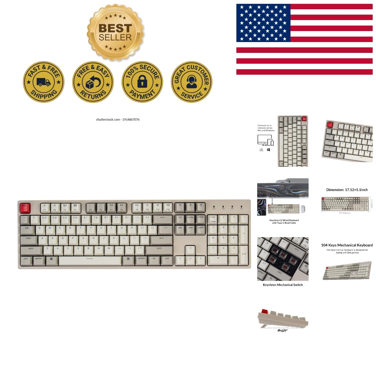 C2 Retro Mechanical Keyboard – 104 Keys, USB-C, Ambidextrous for Office & Gaming