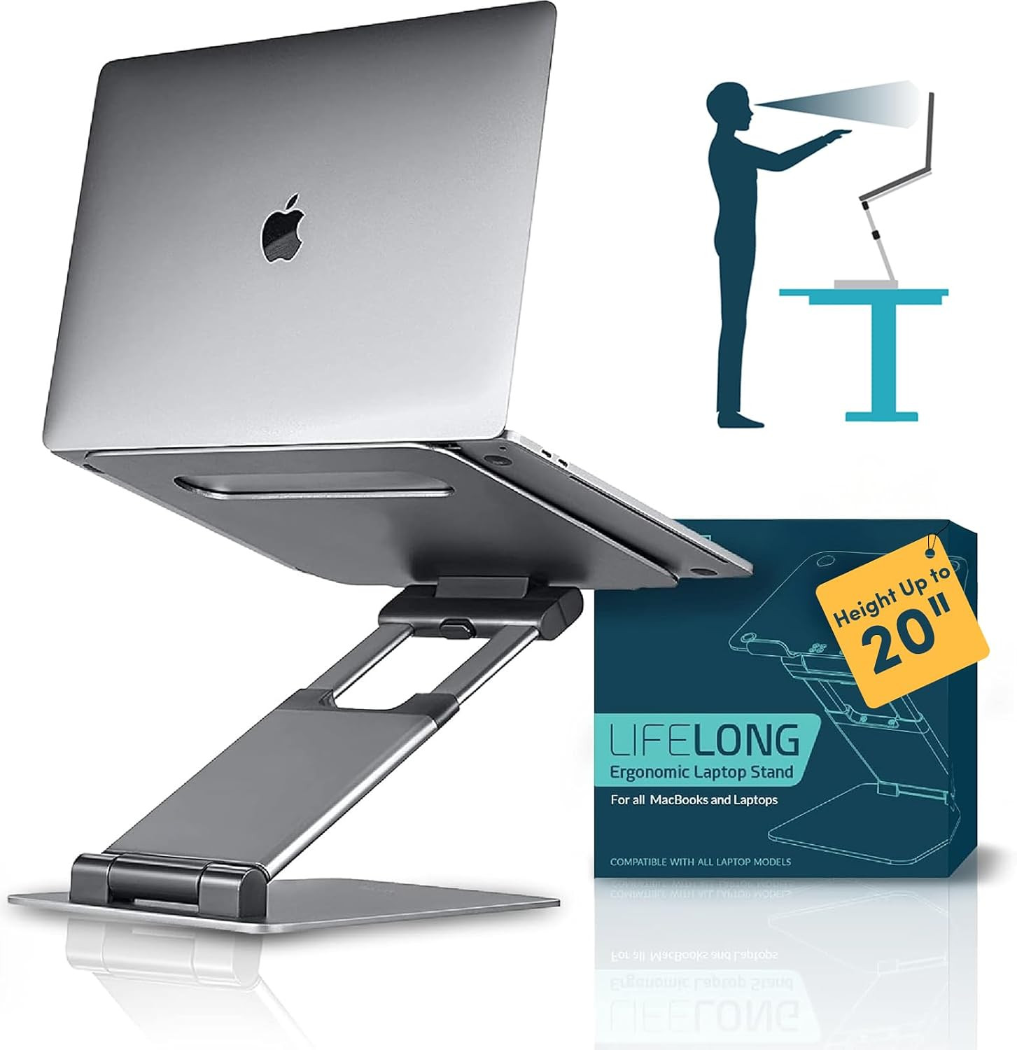 Aluminum Adjustable Laptop Stand, Extra Tall 20" Riser, Grey