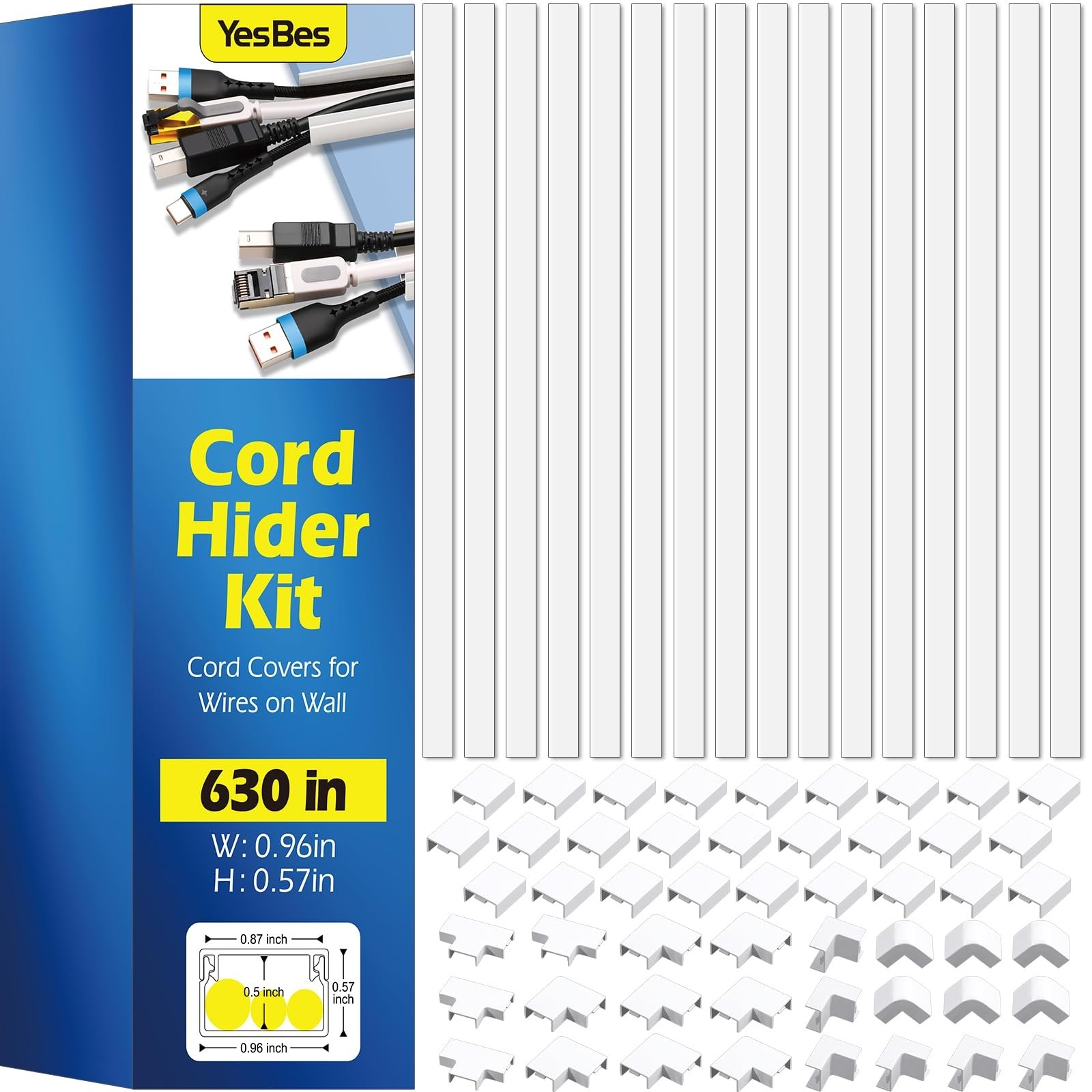 White TV Cable Raceway Kit 52.5 Ft Paintable Self-Adhesive Wall Cord Cover 40pc