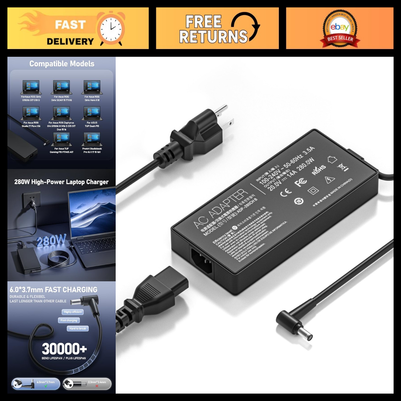 280W Laptop Charger for ASUS ROG Strix G15 G16 G17 G18 Scar 15 20V Power Supply