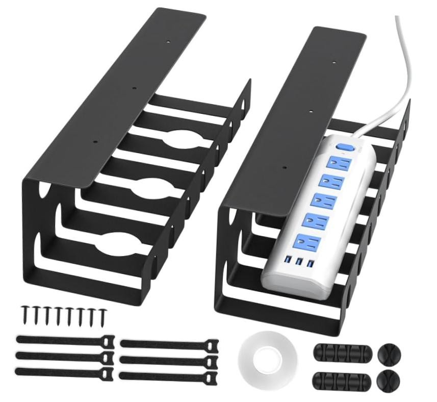 2 Pack Metal Under Desk Cable Management Tray, U Channel Cord Organizer Black