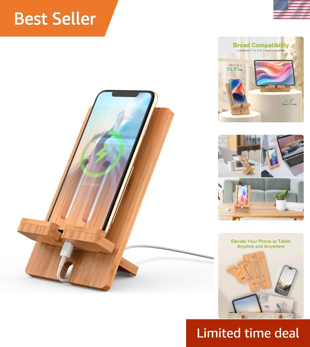 Elegant Natural Bamboo Tablet Stand - Adjustable Design for Home & Office
