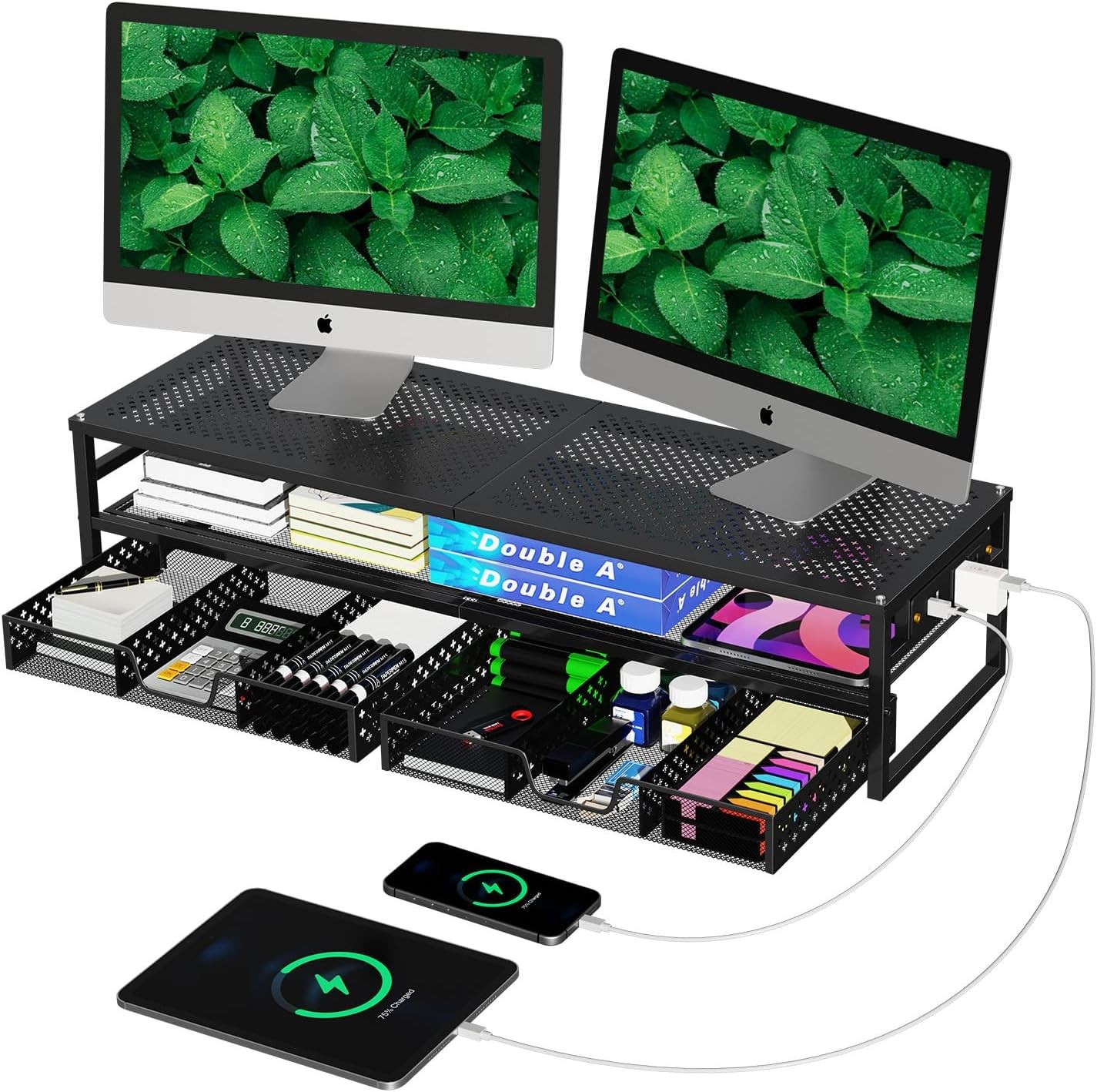 2-Tier Metal Dual Monitor Stand W/ USB & 2 Drawers Black 2 drawers Non-slip base