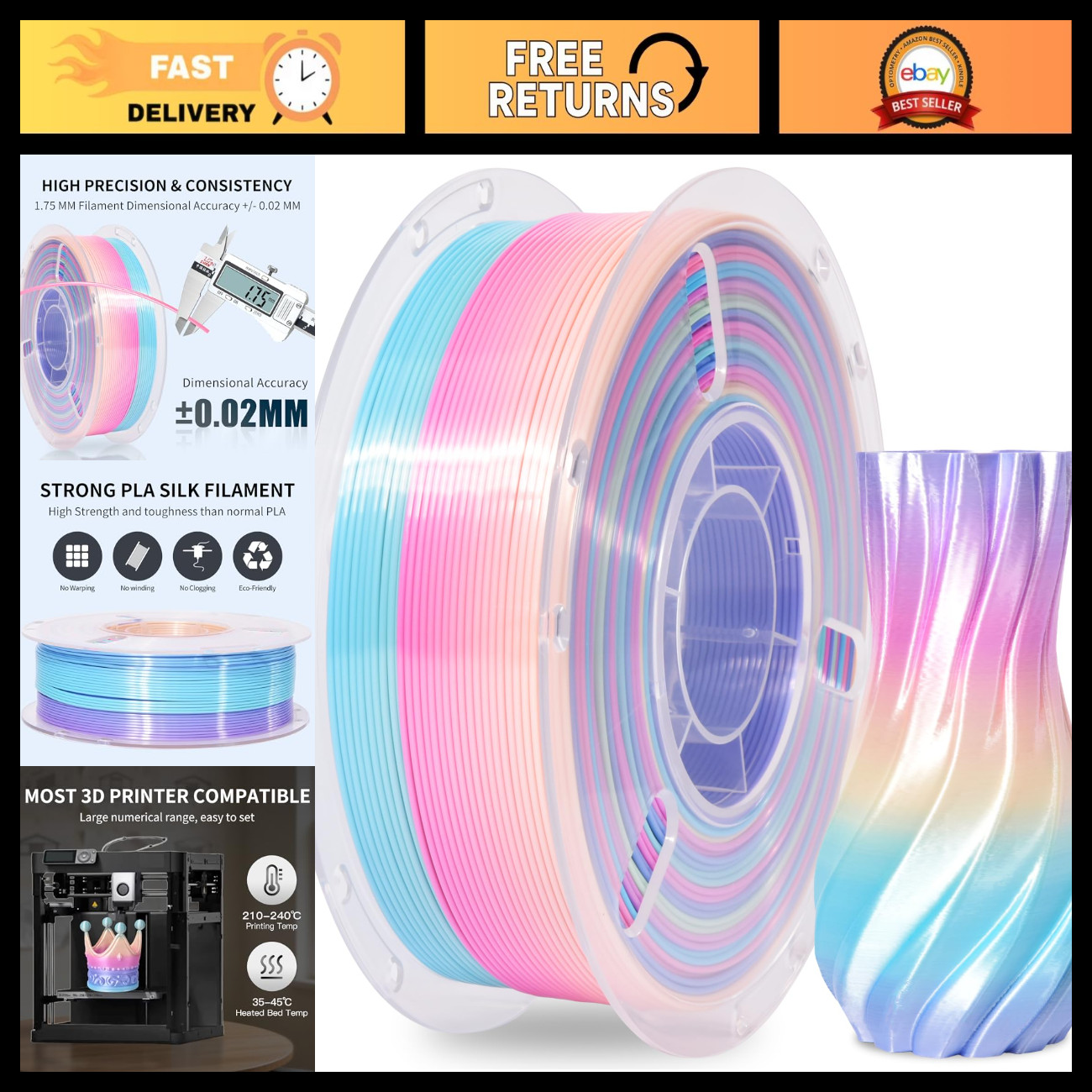 Rainbow Silk 3D Printer Filament - Shiny Color Change PLA, 1.75mm, 1kg for Vibra