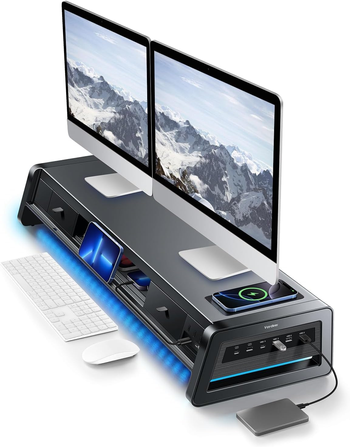 All-In-One Dual Monitor Stand Riser with 2 Drawers, 8USB Ports and Wireless Char