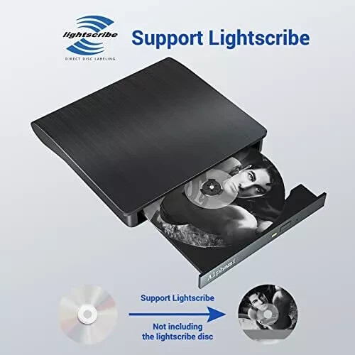 External USB 3.0 CD/DVD Burner Lightscribe Label Writer HP Dell Lenovo Mac/PC