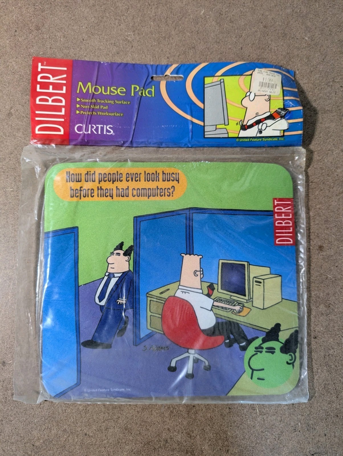 1996 Dilbert Cartoon Mouse Pad, Scott Adams, Look Busy Before Computers, NOS