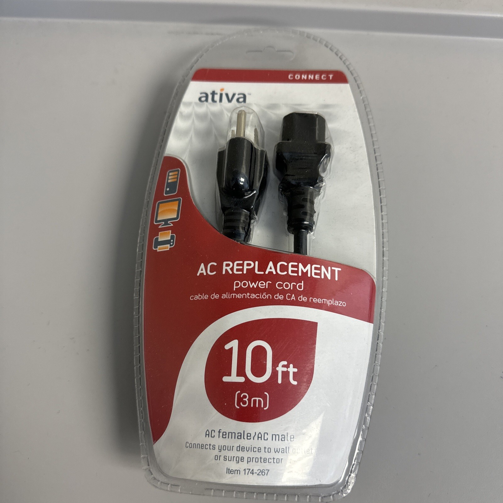 Ativa AC REPLACEMENT Power Cord 10ft 174-267 NIB