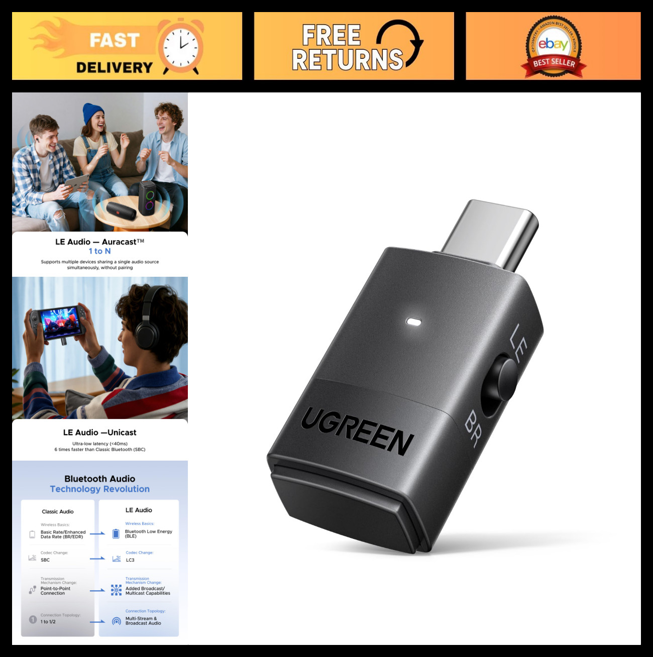 USB-C Bluetooth Adapter for PS5/PC, LE Audio, aptX Adaptive, Low Latency Audio