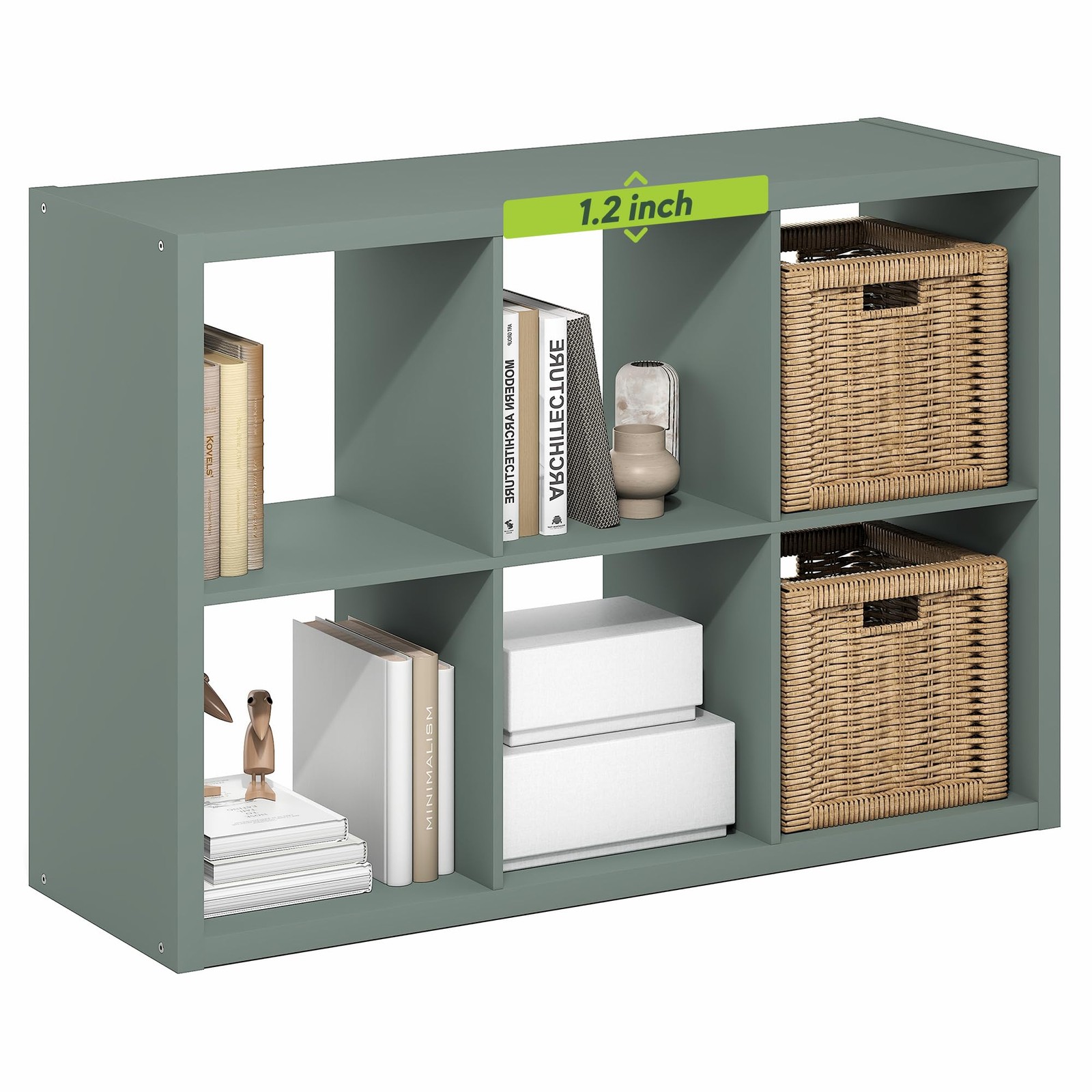 Bookshelf 6 Cube Storage Organizer Extra Thick Frame Sage Green Furinno Cubicle