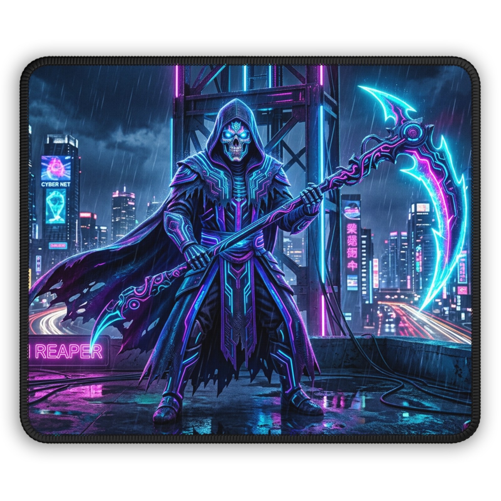 Neon Reaper Gaming Mouse Pad | Cyberpunk Skull Scythe