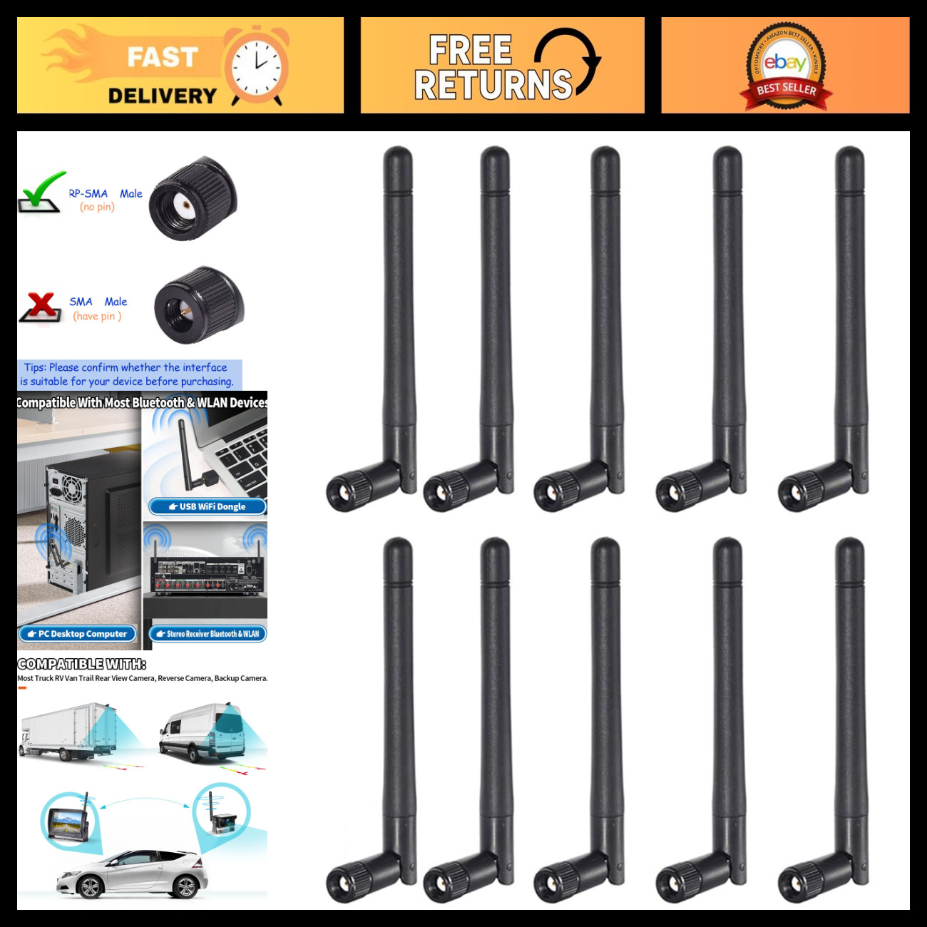 Dual Band WiFi Antenna 2.4GHz 5GHz 3dBi MIMO RP-SMA Male - 10 Pack for Router, U