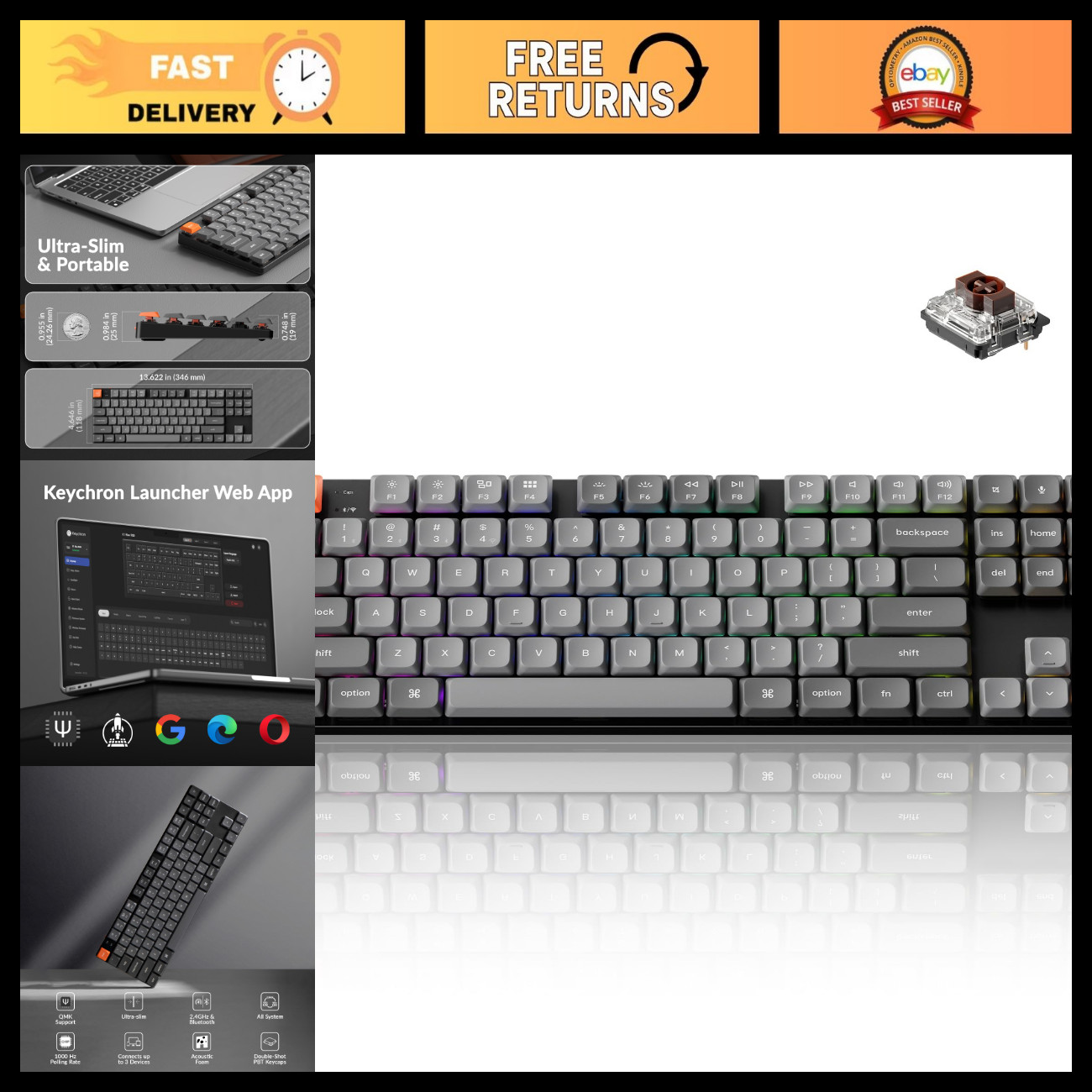 Ultra-Slim Wireless Mechanical Keyboard, 80% TKL, Bluetooth/Wired, RGB Backlit,