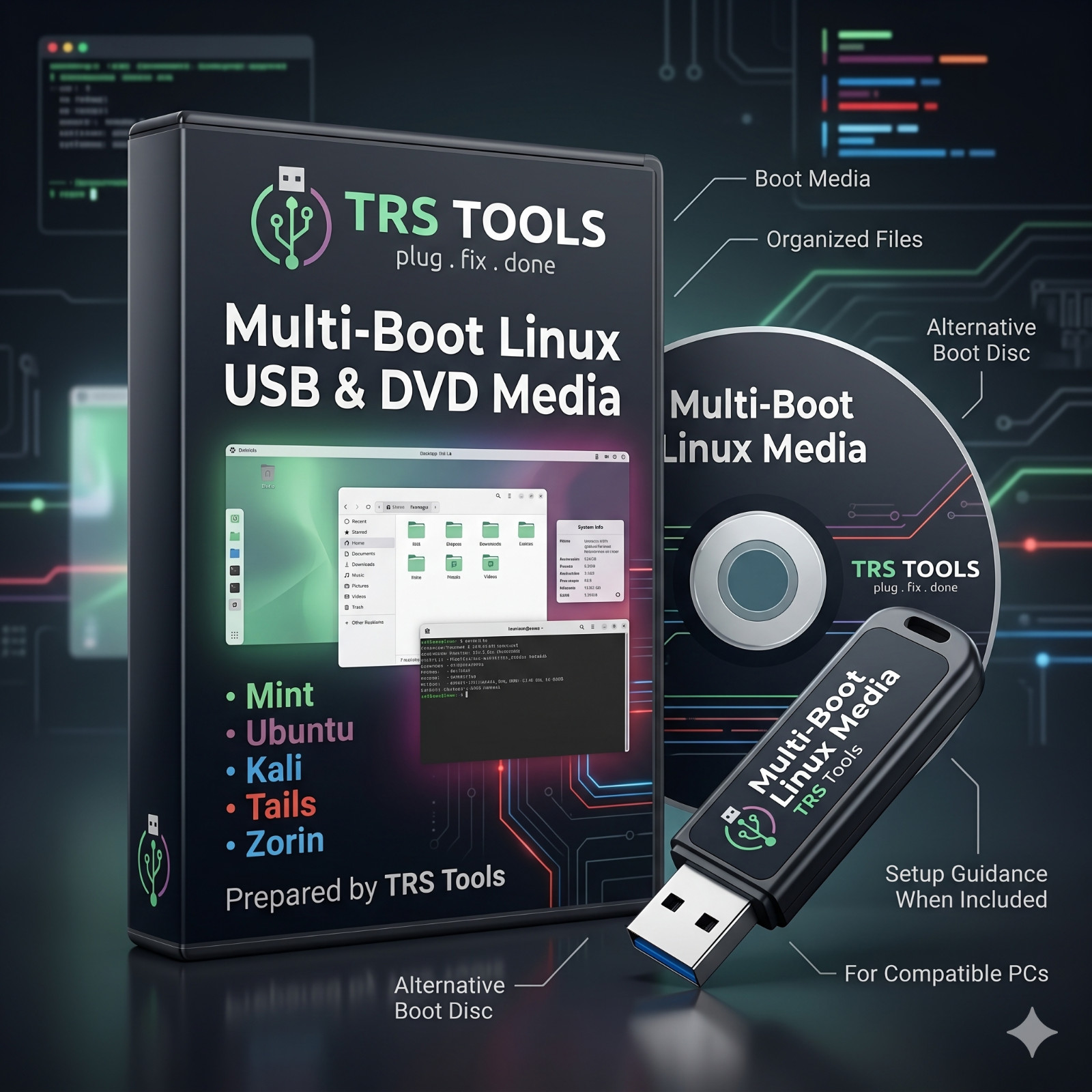 Multi-Boot Linux Mint Ubuntu Kali Tails Zorin Prepared USB