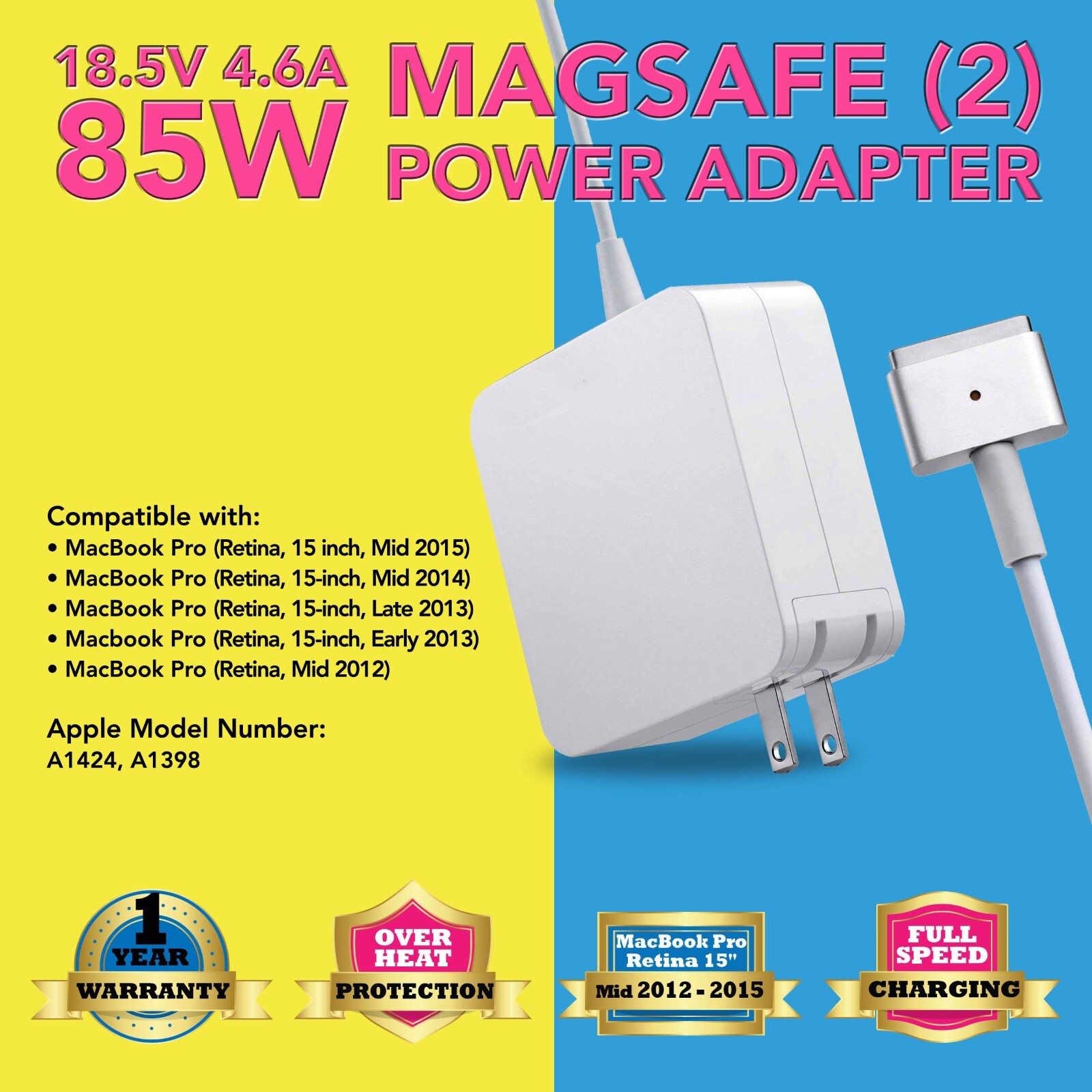 85W Power Adapter for Macbook Pro 15'' 2015 2014 2013 A1424 A1398 MC976 Charger