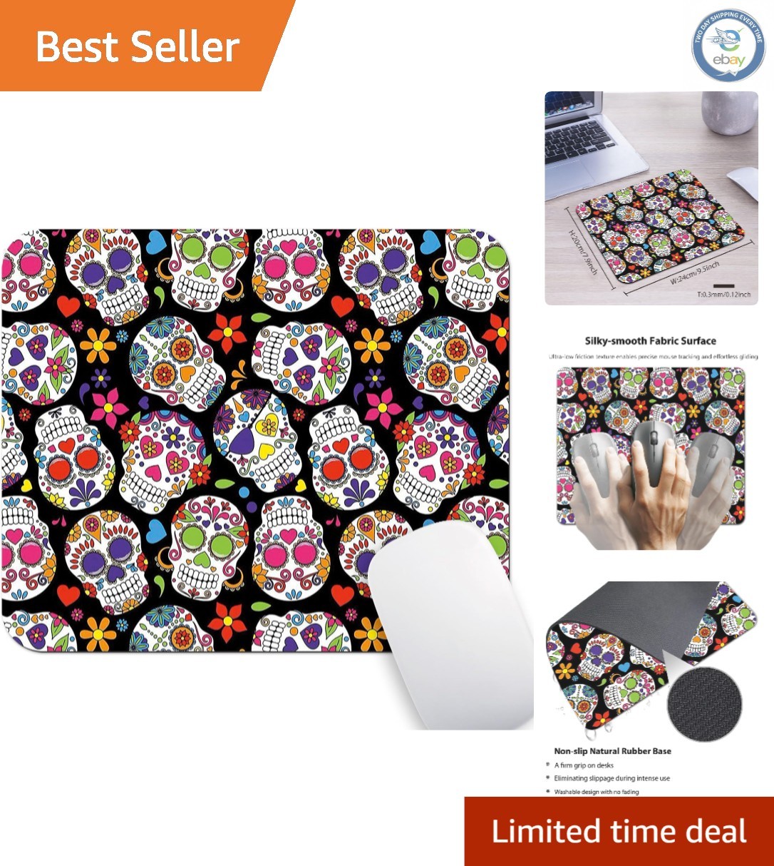 Unique Floral Mouse Pad with Sugar Skull Design - Compact Ergonomic 9.5x7.9 Inch
