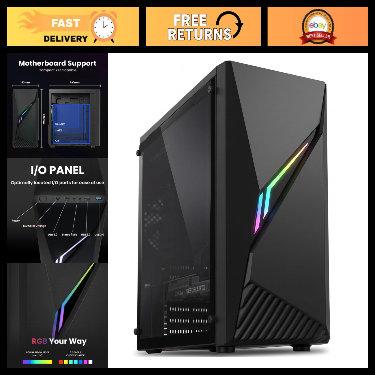 Compact ATX Mid-Tower RGB Gaming PC Case - Stylish Design, Excellent Cooling, Ea