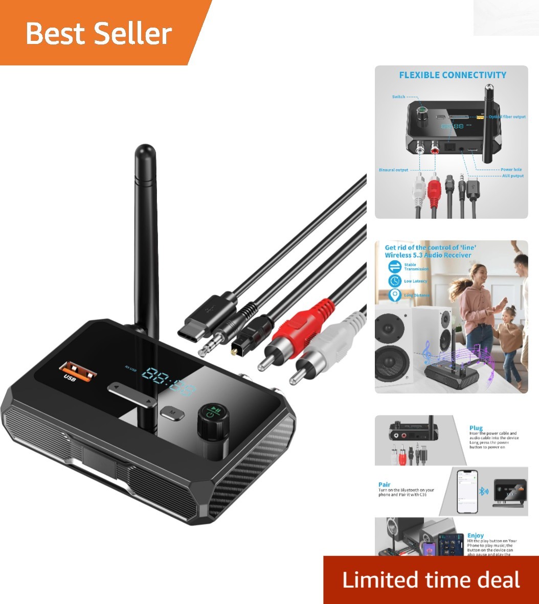 Long Range Bluetooth 5.3 Receiver for RCA/AUX - Easy Setup & Automatic Reconnect