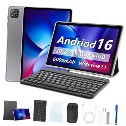 10.1" Android 16 Tablet with Keyboard - 30GB + 64GB - 2-in-1 Tablet - Black