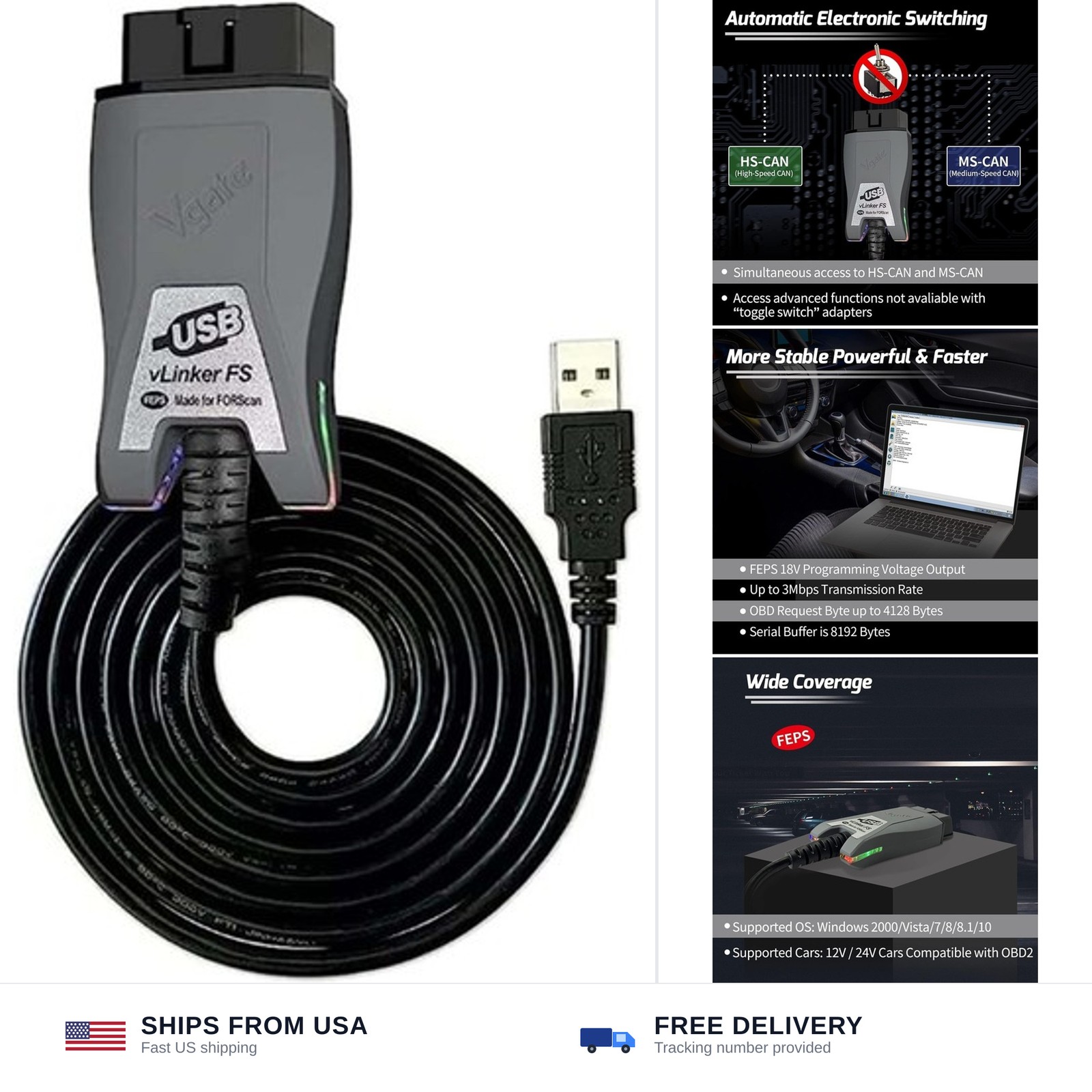 Vgate OBD2 USB Adapter HS/MS-CAN Auto Switch for FORS-can Diagnostic Tool