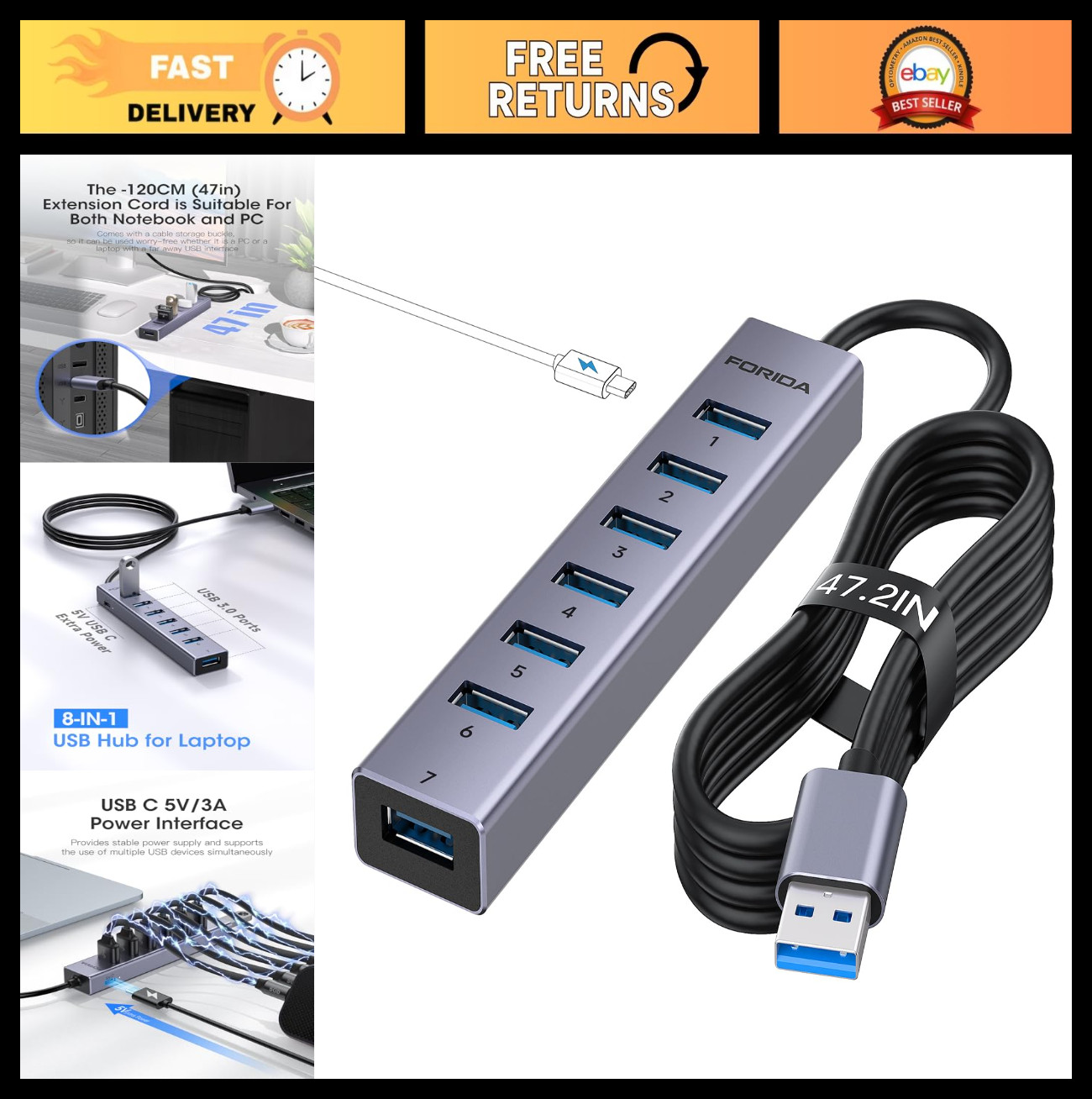 8-Port USB Hub with Long Cable, 7 USB 3.0 Ports & Type-C Power, Compatible with