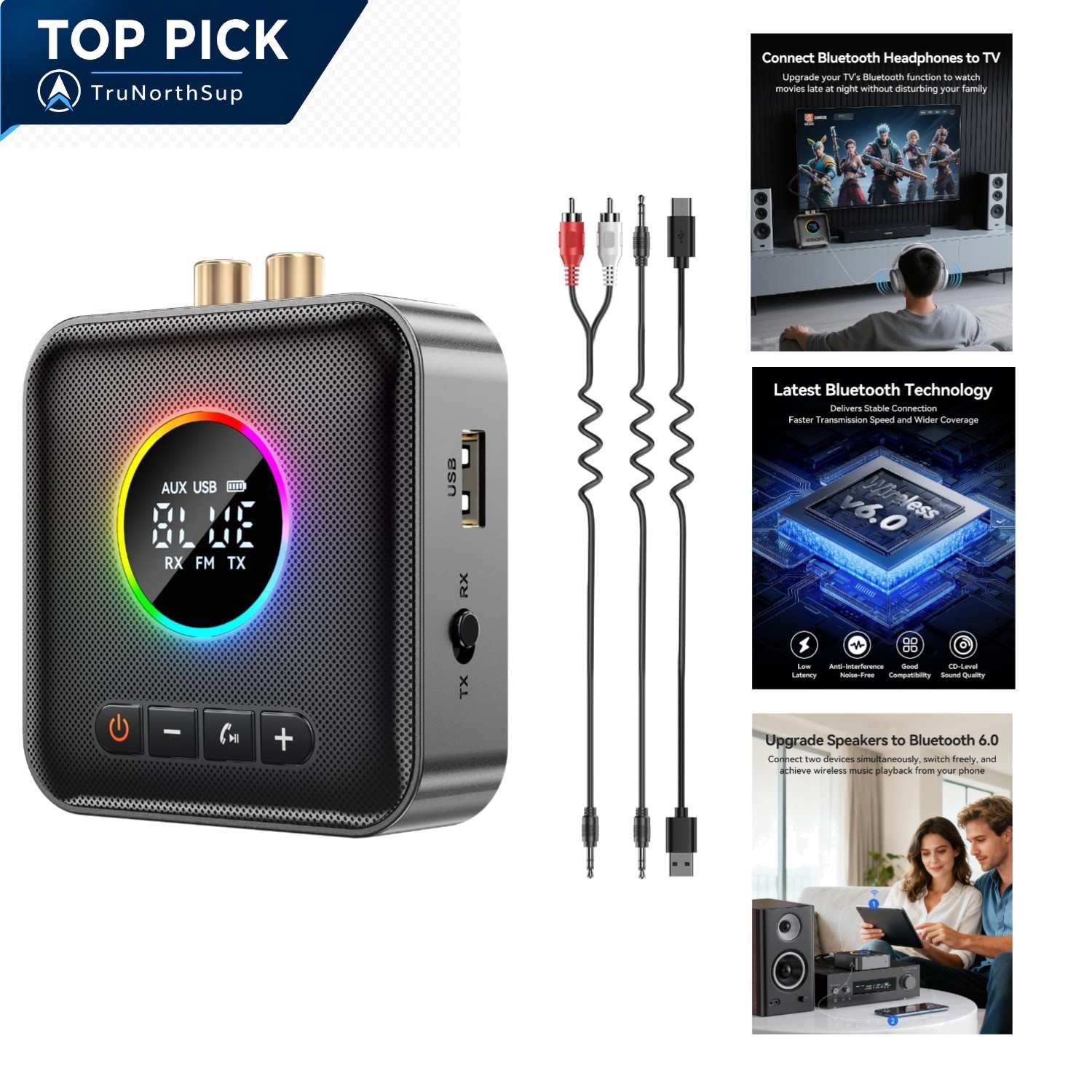 Bluetooth 6.0 Transmitter Receiver for TV Home Stereo RCA AUX USB FM 3-in-1