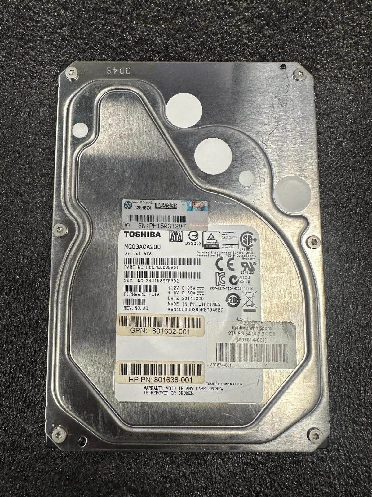 TOSHIBA MG03ACA200 2TB Internal Hard Drive-WD2005FBYZ PARTS ONLY