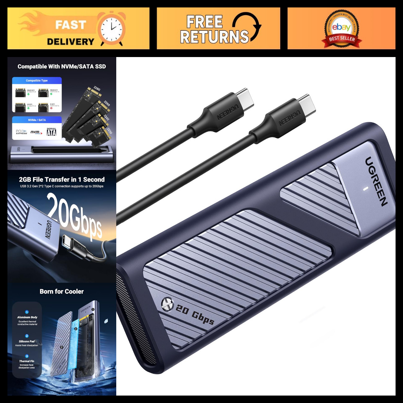 20Gbps M.2 NVMe SATA SSD Enclosure for M/B+M Key Drives - High-Speed Storage Cas