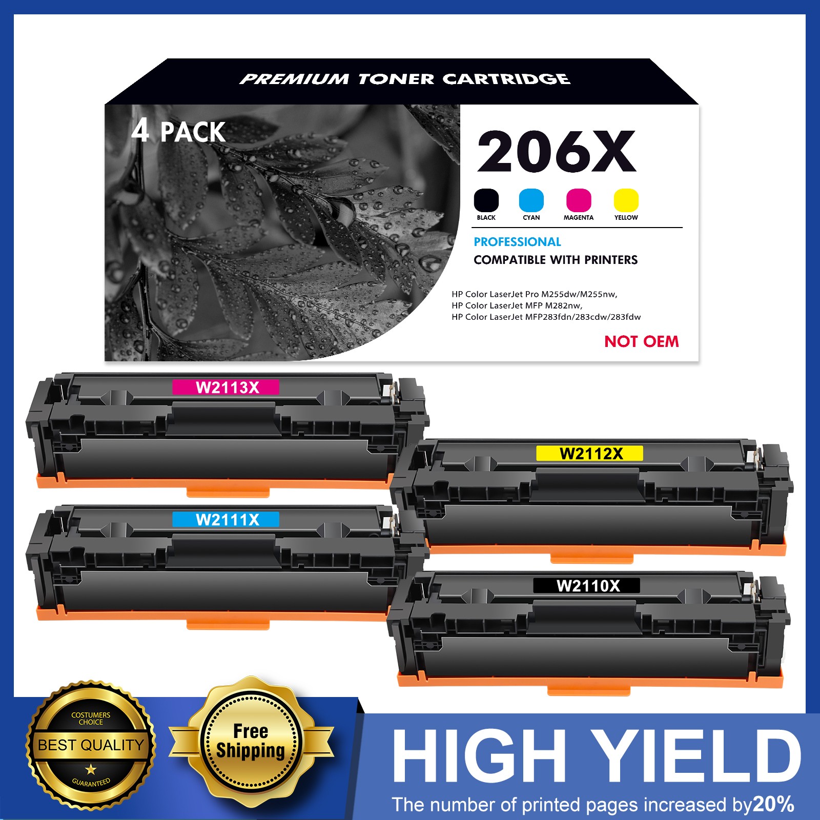 4x W2110X High Yield Toner For HP 206X LaserJet M282nw M283fdw M283cdw No Chip