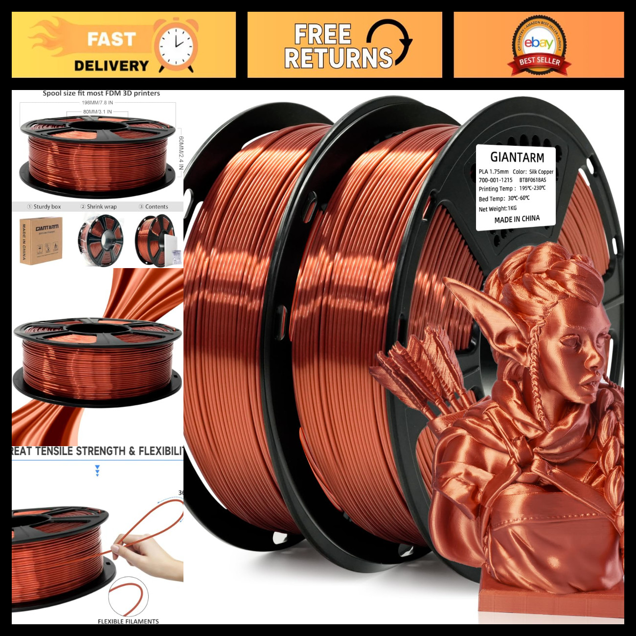 Metallic Copper PLA 3D Printer Filament 1.75mm - 2kg High-Quality Silk Finish