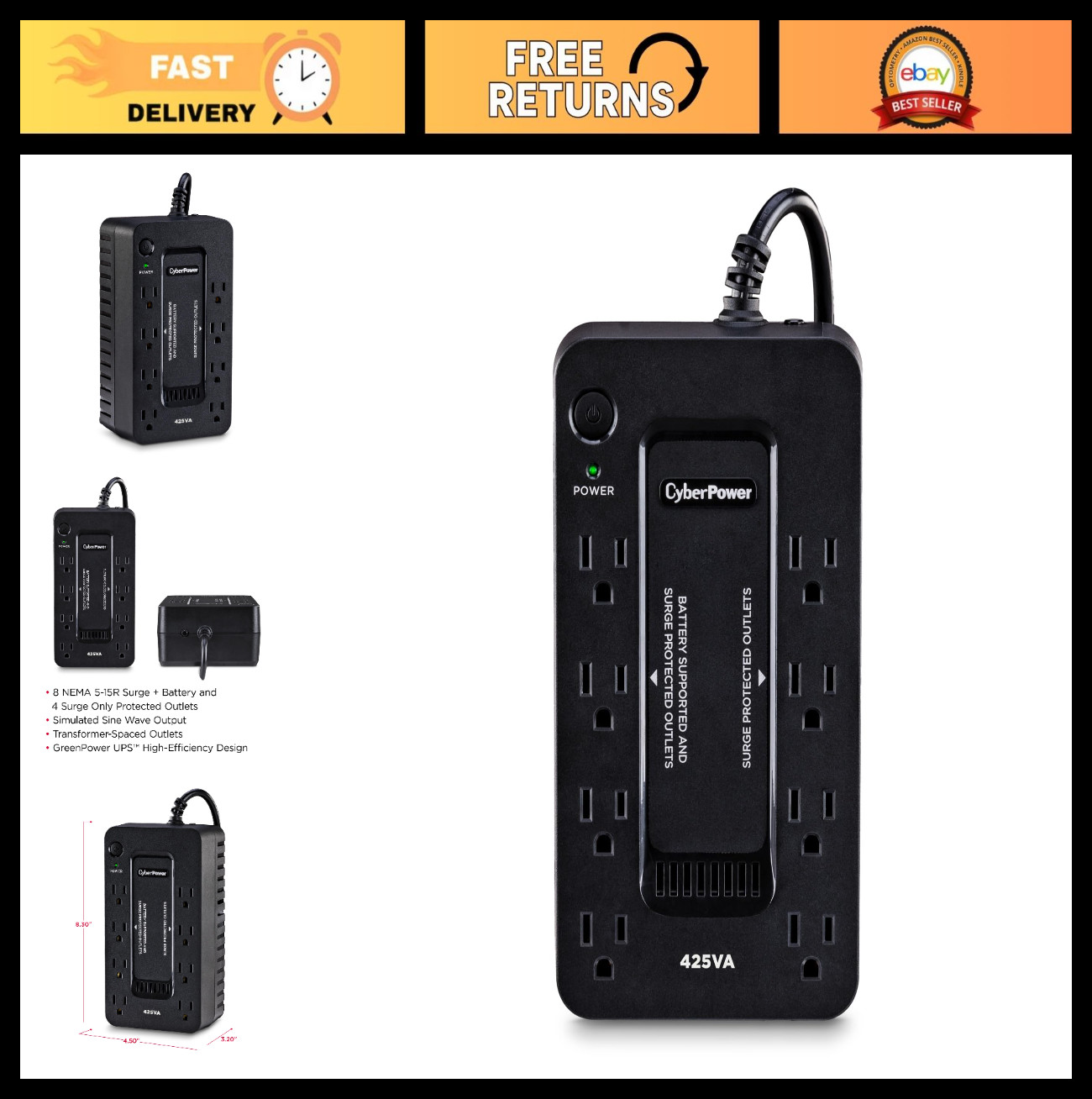Compact 425VA Standby UPS Battery Backup & Surge Protector, 8 Outlets, UL Certif
