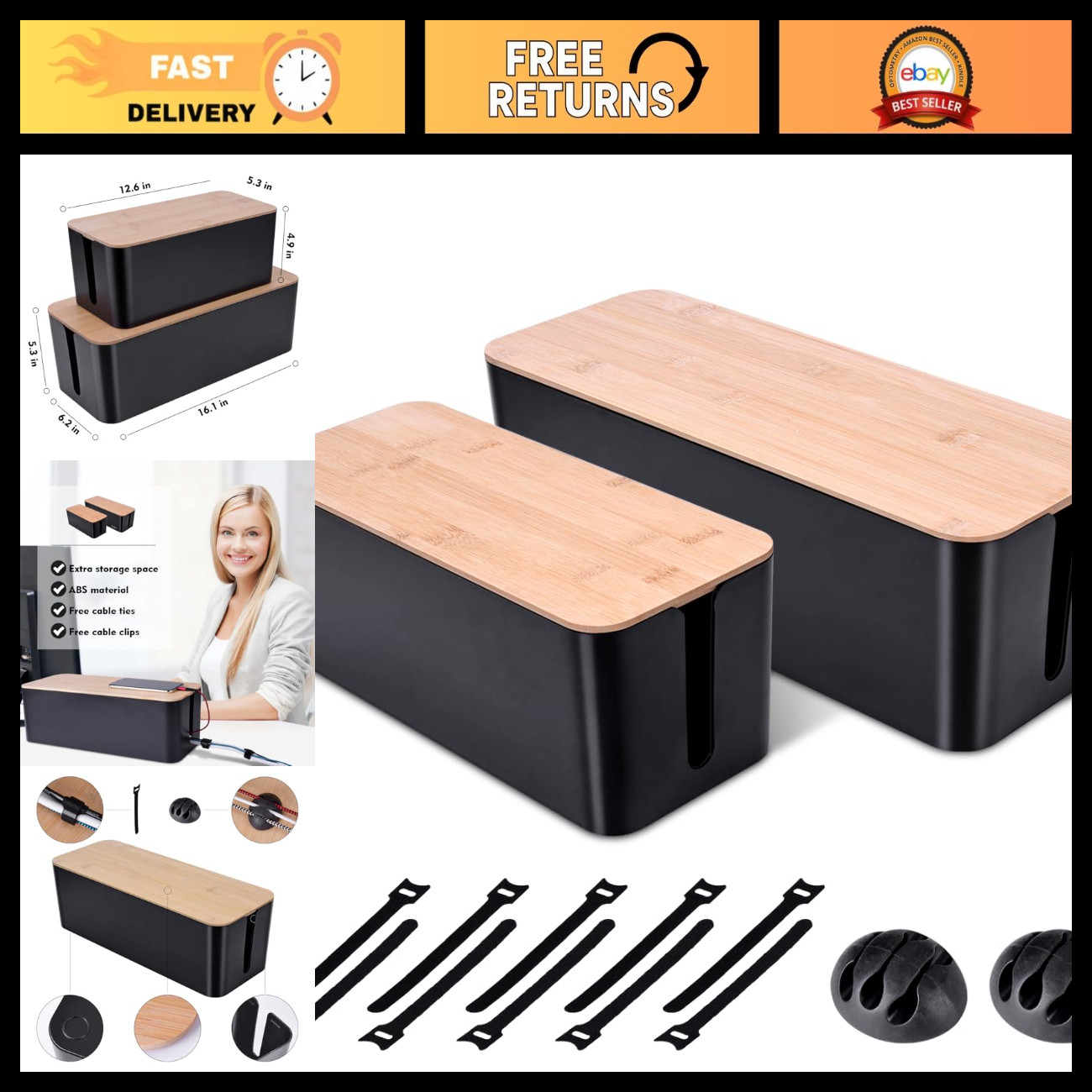 2Pack Wooden Cable Management Box, Cord Organizer & Hide Box for Home/Office