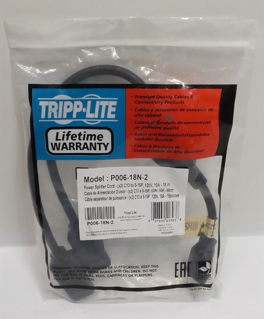 New item. Tripp Lite P006-18N-2 Dual Splitter Cable 5-15p to 2x C13 18in