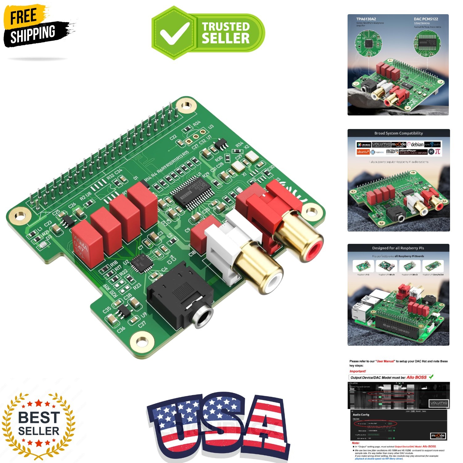 HiFi DAC HAT for Raspberry Pi 5/4/3B+/Zero | 384kHz/32bit DAC Audio Card Expa...