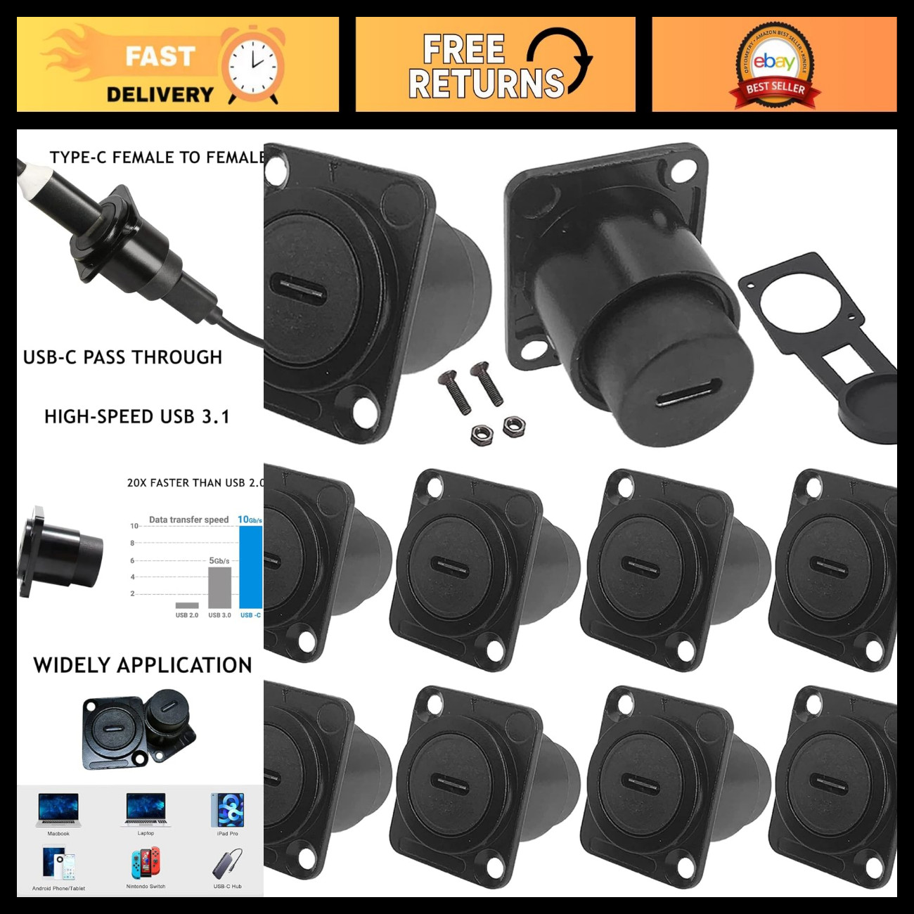 10PCS USB 3.1 Type C Pass-Through Extension Adapter Connector - Fast Data Transf
