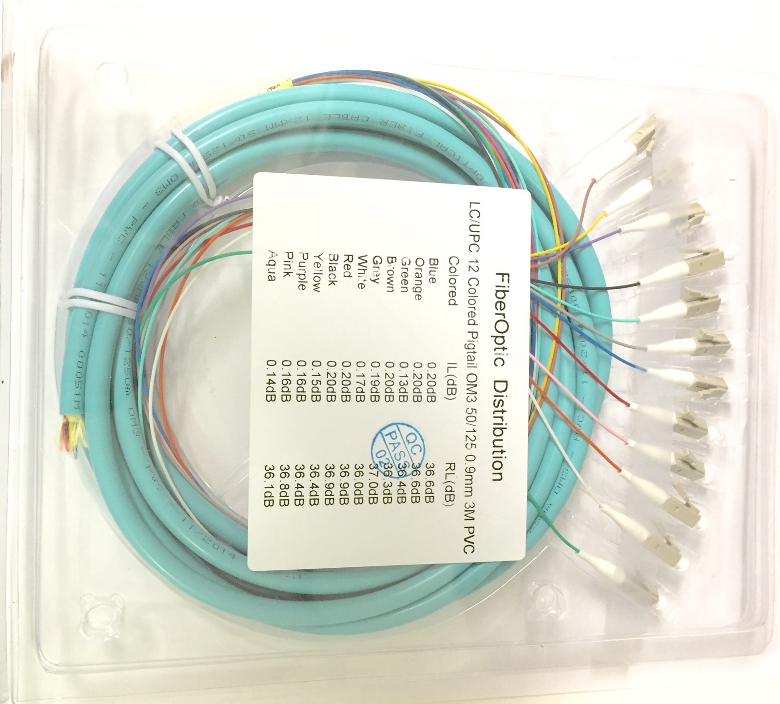 3m 12 Strand Multimode 50/125 Om3  Fiber Pigtail, 12 Fiber, Fiber optic Pigtail 