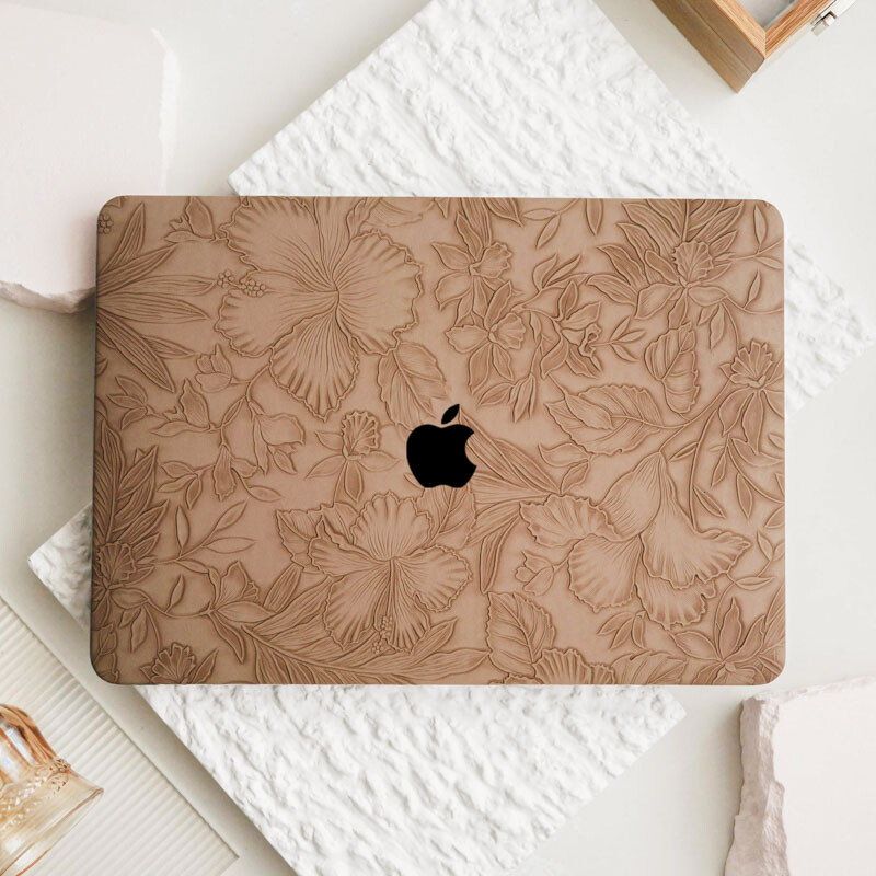 Brown Carved Flower PU Leather Case For Macbook M4 Pro 14 16 Air 13 15 11 12 in