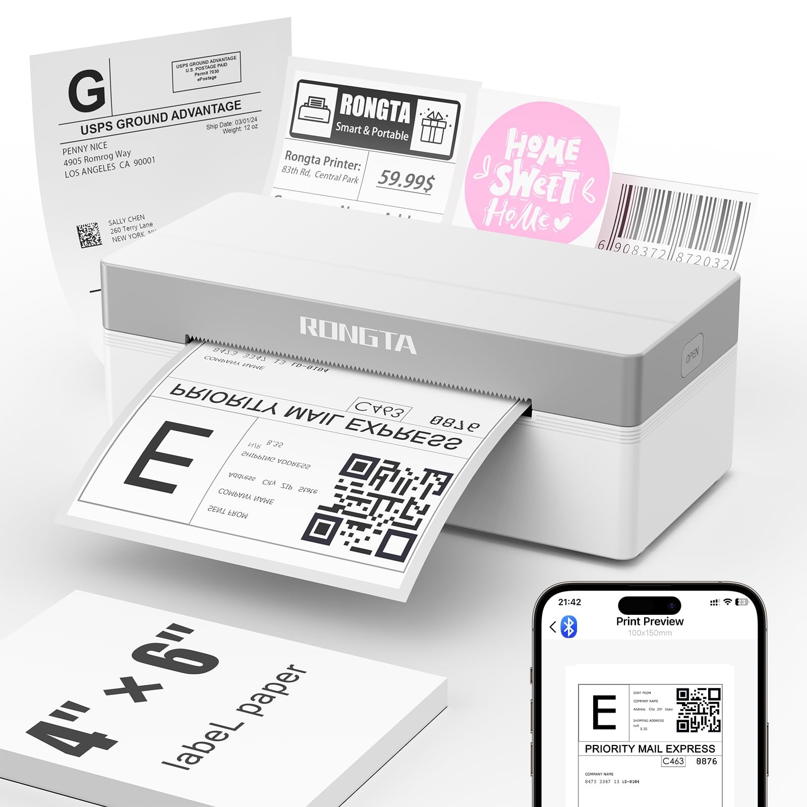 Rongta Bluetooth Shipping Label Printer, Wireless 4x6 Thermal Black