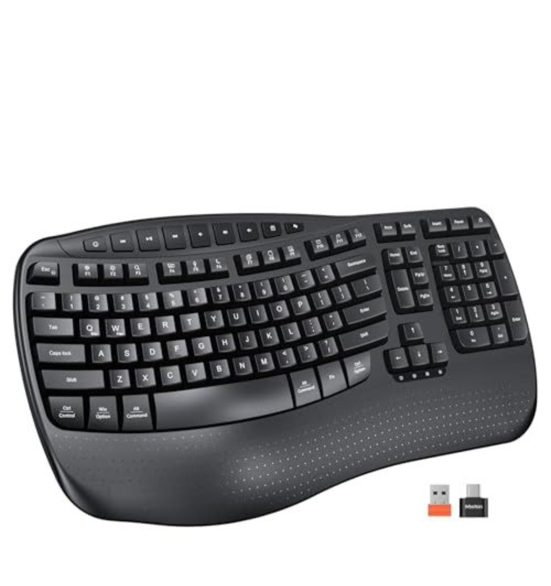 MEETION Wireless Ergonomic Keyboard, Wave Keys, Wrist Rest, USB-A & USB-C, Black