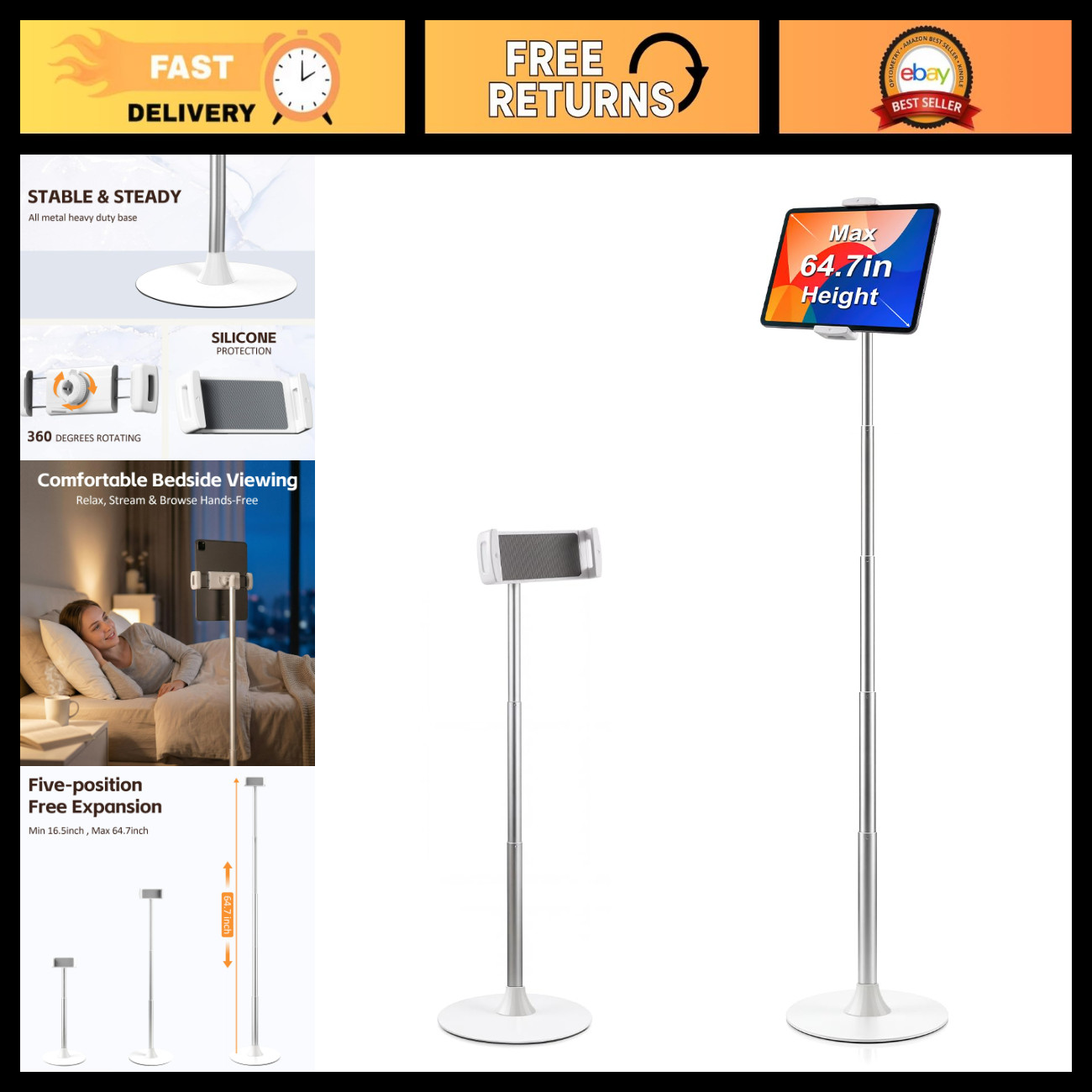 Height Adjustable Tablet Floor Stand with Heavy Duty Base for iPad & More