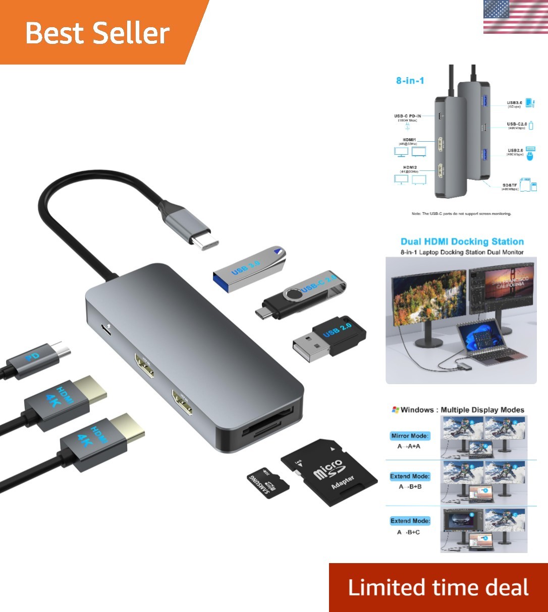 Versatile 8-in-1 Dual Monitor USB C Dock for Enhanced Workstation Setup