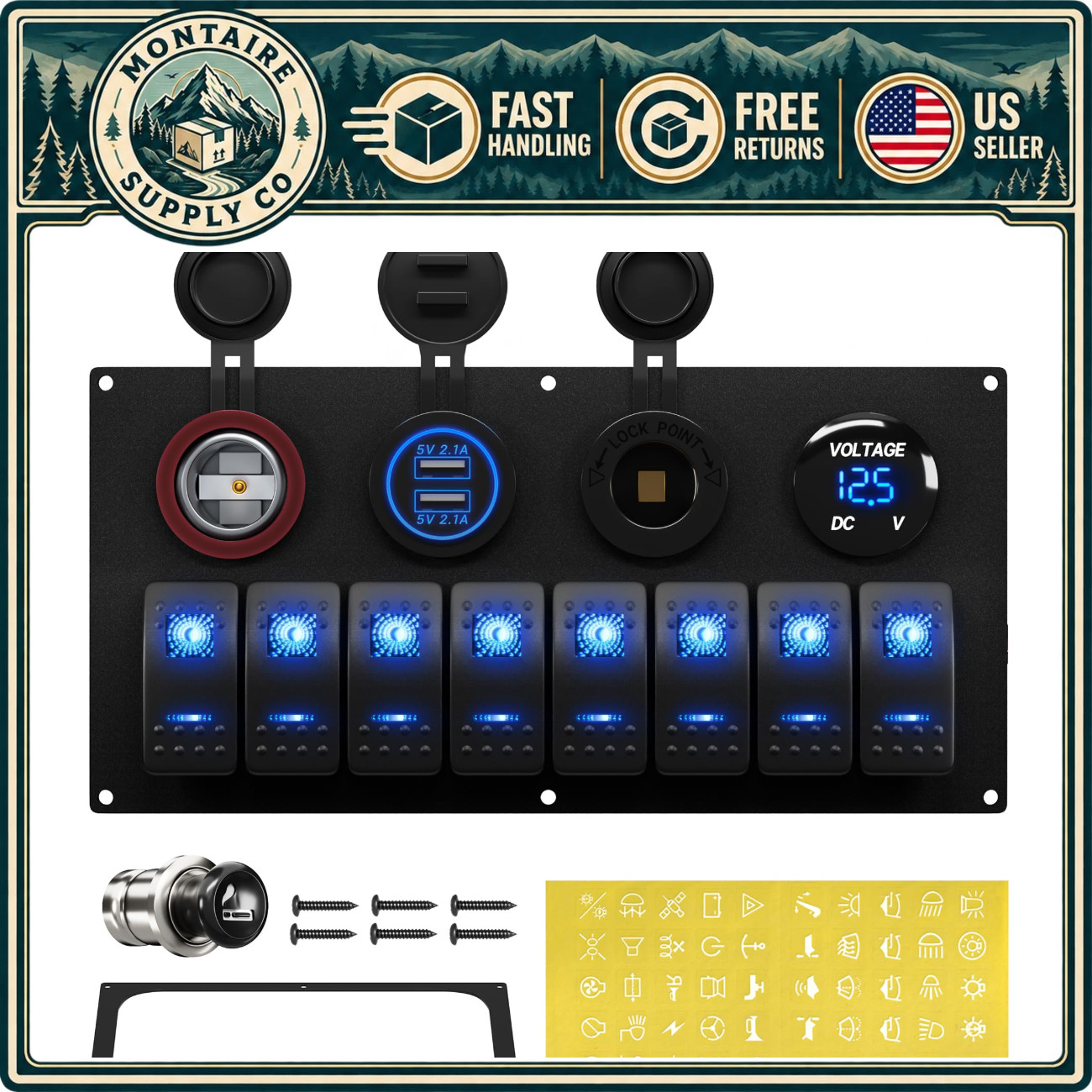 Waterproof 8 Gang Marine Boat Switch Panel - 12V Rocker Toggle with Blue LED Lig