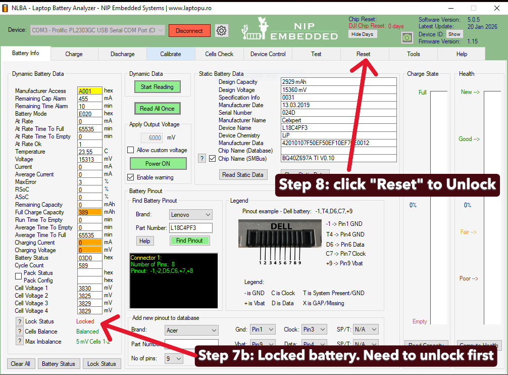 NLBA1 Tool - SERVICE UNLOCKED Laptop Battery -Restore Capacity 80% -Eco Friendly