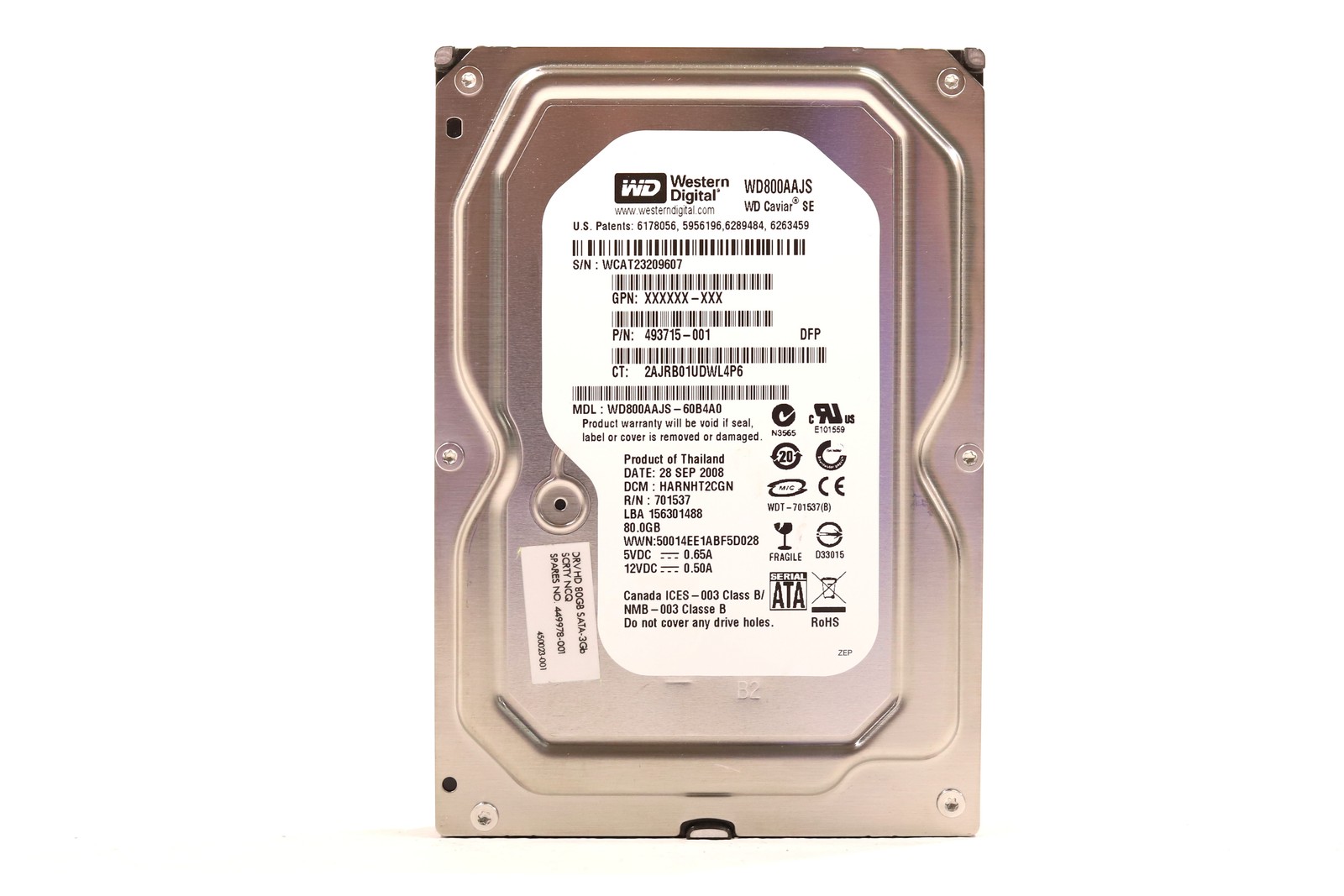 HP WD800AAJS 80GB 3.5" 3Gb/s 7.2K RPM SATA Hard Drive P/N: 449978-001 Tested