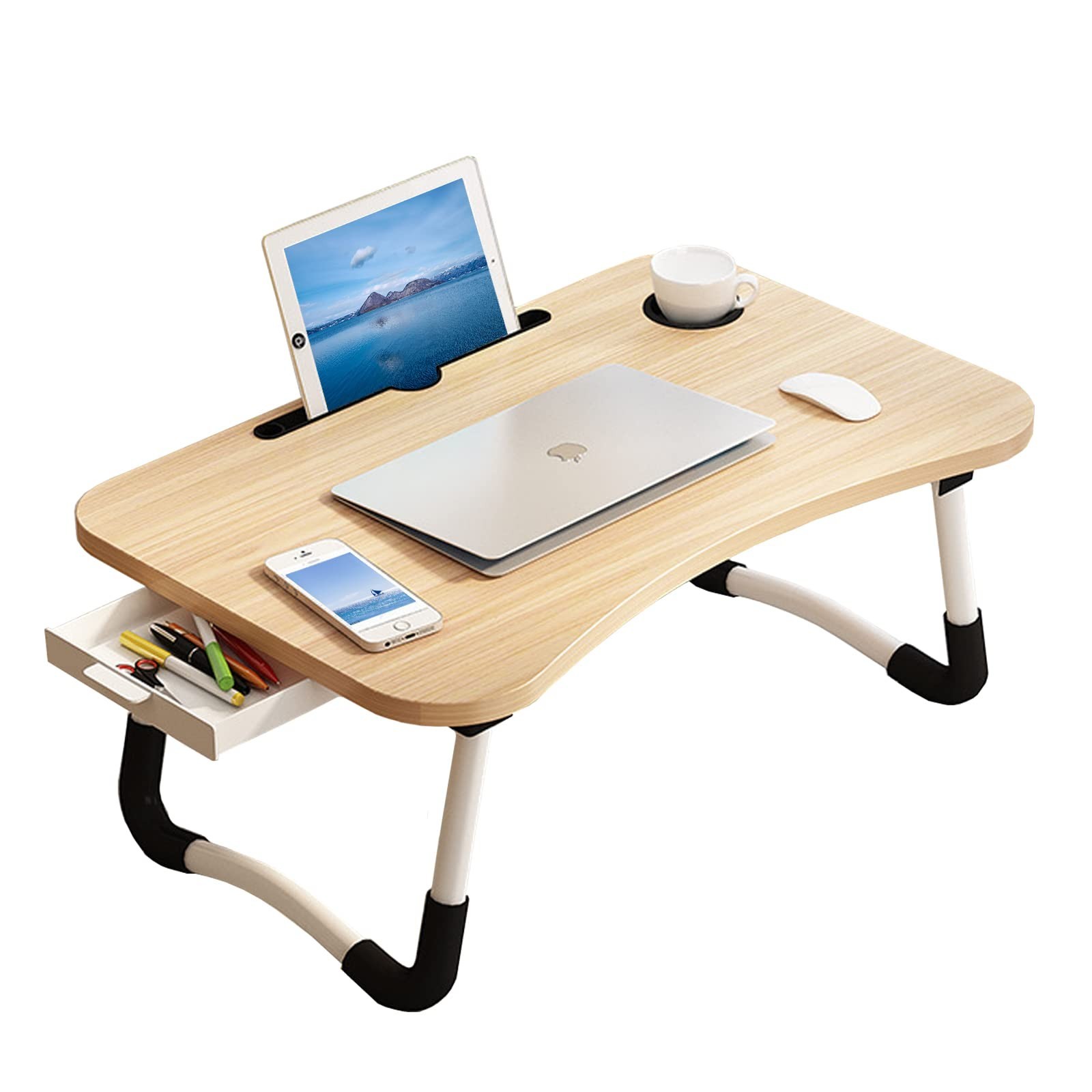 Portable Lap Desk, Foldable Laptop Table with Bookshelf & Cup Holder, Ideal for